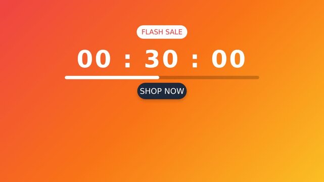 Flash sale countdown timer interface with digital numbers and discount banner. 2d flat design motion graphics in warm orange and yellow colors. Marketing UI element for e-commerce website promotions 