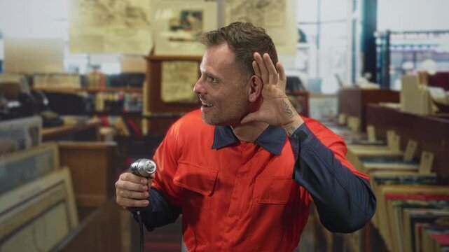 Man in orange uniform holding wired drill cupping ear in studio listening to sound tests; curiosity focus.