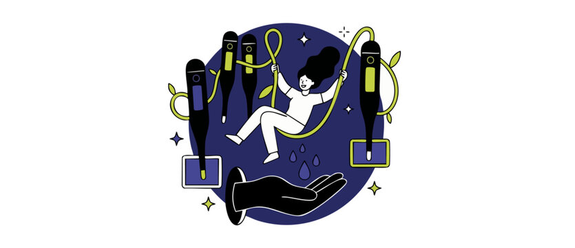 Fertility tracking woman ovulation cycle swinging on vine with digital basal body temperature thermometers and hand catching water drops, representing natural family planning and reproductive health.