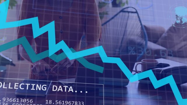 Woman entering frame sitting at table writing sparking line chart scrolling data for tech analysis