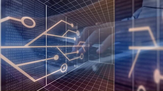 3D grid corridor reacting to hands starting typing, lighting circuits and showing live data