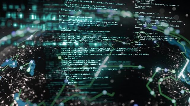 Camera pulling back revealing globe as code scrolling and networks growing showing world data flow