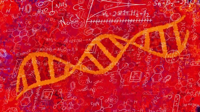 Orange helix entering left, moving right, flexing, pulsing, pausing center, exiting showing science