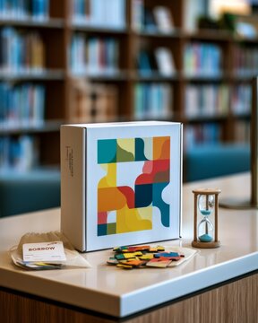 Analog activity lending kit with colorful puzzle pieces and sand timer on library counter