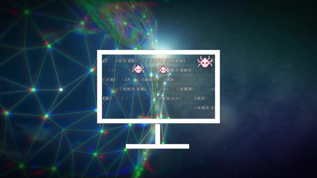 Glitching binary code starting monitor forming pink X, spawning malware, red ban blocking threats
