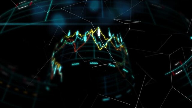 Cyan streak sweeping, 3D dome rotating with colored traces pulsing and ticks highlighting peaks