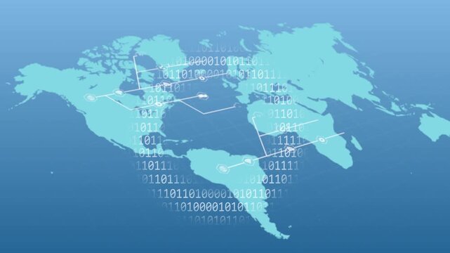 Binary ring fading in, cyan map forming network, nodes pulsing and linking, showing data flow