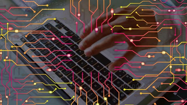 Man starting typing on laptop, moving to trackpad, editing code, animated circuit pulsing over keys