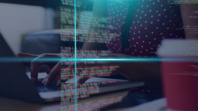Woman typing laptop keys causing cyan code grid, camera pulling back revealing red cup while coding