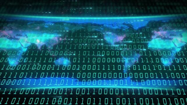 Binary grid and world map being animated, scan band sweeping, highlighting network activity