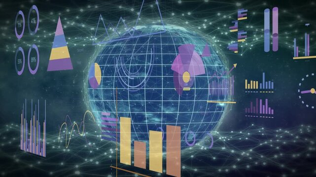 On data update holo globe rotating, HUD bars adjusting while neon lines tracing metrics