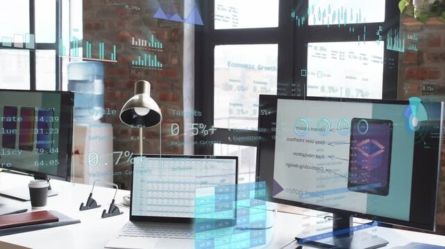 On data refresh teal analytics animating over desk while percentages updating to show live metrics