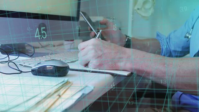 Clinician tapping phone, pulling patient metrics, writing notes at clinic desk, data grid updating