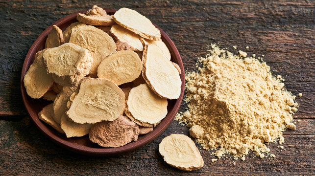 maca. Dried root slices and powder arranged on a rustic wooden table. gardening catalogs, home-decor guides, designed for gardening and botanical catalogs, celebrates nature.