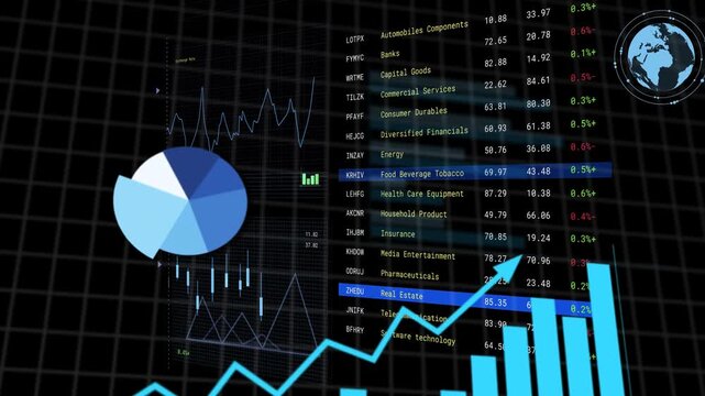 ANALYSING DATA banner showing, finance HUD updating list growing bars tracing line showing trends
