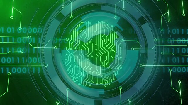 Glowing crescent lighting causing HUD ring moving mid rotating forming circuit syncing bits AI scan