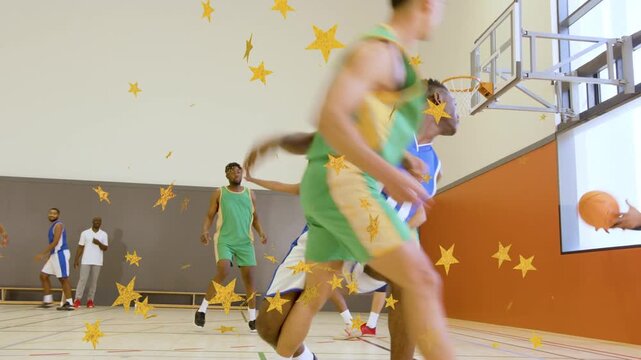 Sports team moving right, driver cutting to hoop for score, defender pressing, gold stars rising