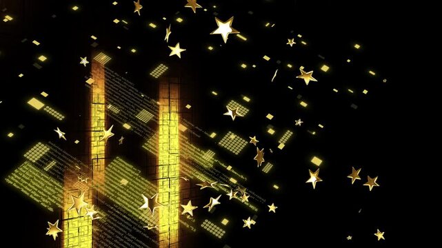 Initial gold stars drifting, swarm growing, green panels sliding in, revealing hologram circuitry