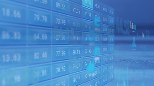 Camera panning, grid sliding, cyan tiles pulsing, bars flickering, panels presenting market data