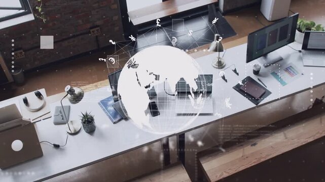 Hologram globe appearing above communal desk, rotating with network lines showing global funds flow