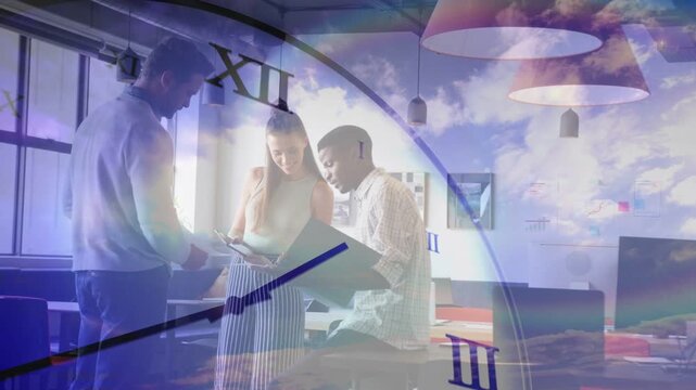 Team reviewing binder and tablet at office after seated man opening file, clear clock or cloud timin