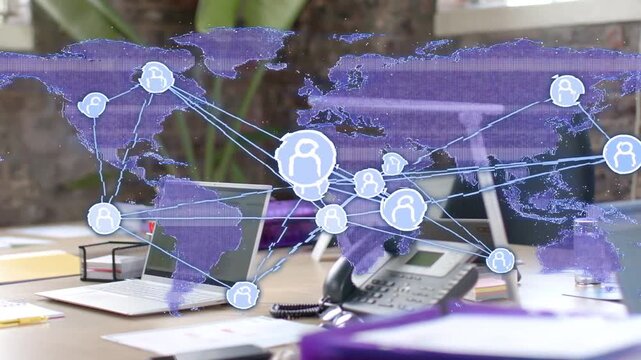 Holographic world map activating over desk, nodes pulsing and expanding visualizing global network