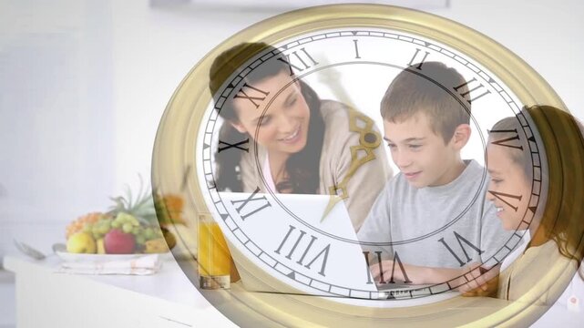 Woman guiding son and girl at kitchen laptop for education while boy typing, clock overlay rotating