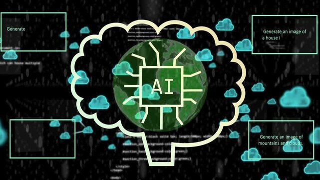 Data rain causing globe fade, AI chip in brain sending lines, prompts spawning, visualizing prompts