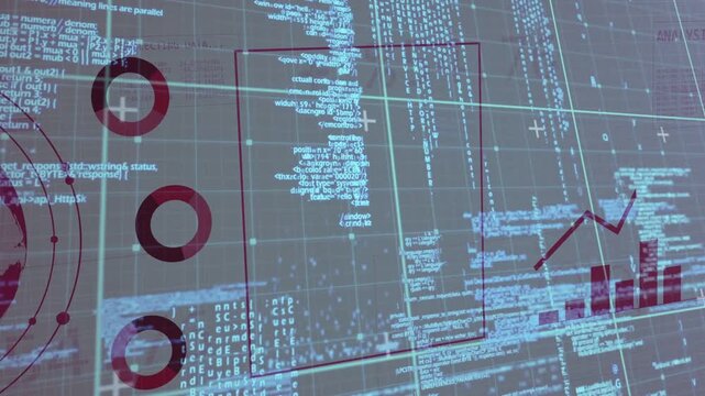 Globe enlarging, data dashboard animating rings, drawing panel, lifting bars and showing data trend