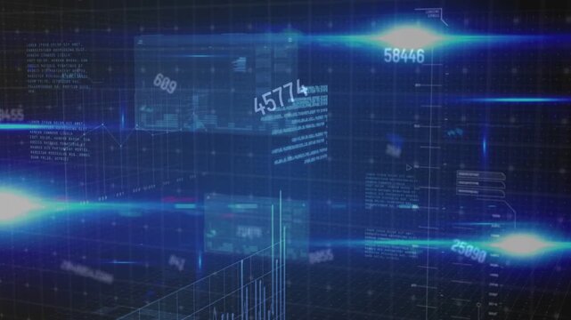 Light streaks sweeping HUD numbers shifting, scaling, bars rising, cam panning, showing metrics