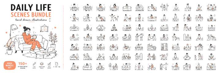 Daily life scenes bundle with 100 hand drawn illustrations, minimalist line art people characters, routine activities and home lifestyle vector set © ya Allah madad