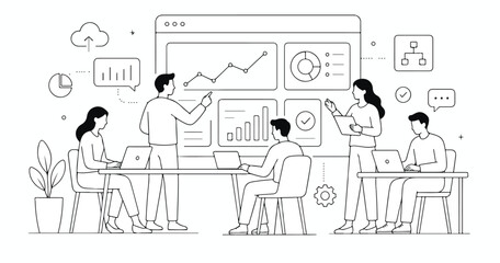 Fototapeta premium Data analysis business team working on dashboard, professional office collaboration vector, financial growth charts and analytics concept illustration