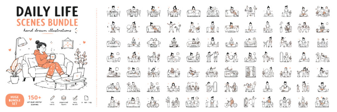 Daily life scenes bundle with 100 hand drawn illustrations, minimalist line art people characters, routine activities and home lifestyle vector set