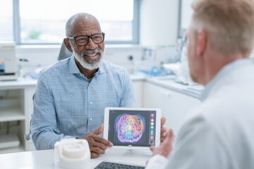 Fototapeta premium Dentist consulting senior patient on sleep apnea treatment with tablet in dental office