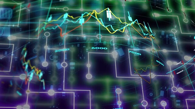 Opening frame starting curved holo plane rotating and panning, neon graphs shifting, showing trends