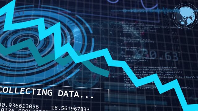 Incoming data stream arriving, HUD pulsing, cyan trend line descending to visualize falling metric