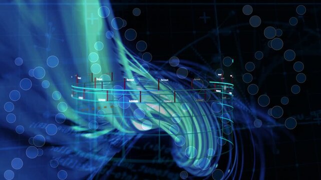 Holographic cylinder animating after pause, cyan marker moving, ribbons showing live data flow