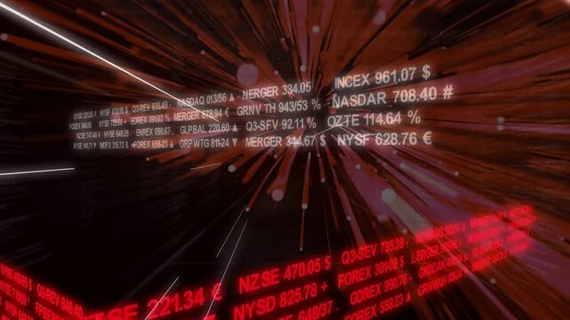 Camera pushing forward, ticker tunnel expanding, red and white text scrolling to show market data