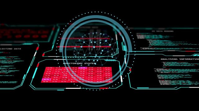 Rotating cyan arc initiating scan, HUD scanning neural net, highlighting heatmap tiles for analysis