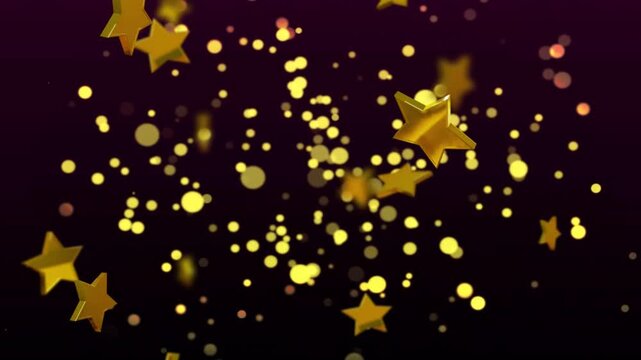 Bokeh density increasing, gold stars drifting toward camera, rotating and expanding to create depth