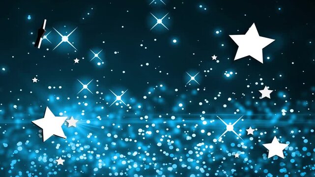 On loop start metal 5-point stars drifting, rotating while blue bokeh pulses, forming loop overlay