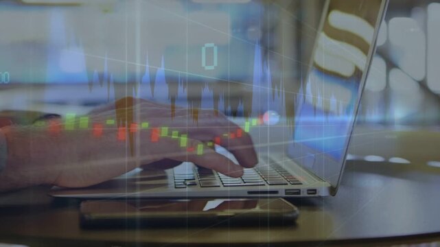 Man typing on laptop in cafe, pressing keys animating candlestick charts for trading, phone resting
