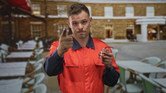 Man plumber in uniform points finger while holding a tap with his hand in front of building entrance at a cafe patio; serious service trust.