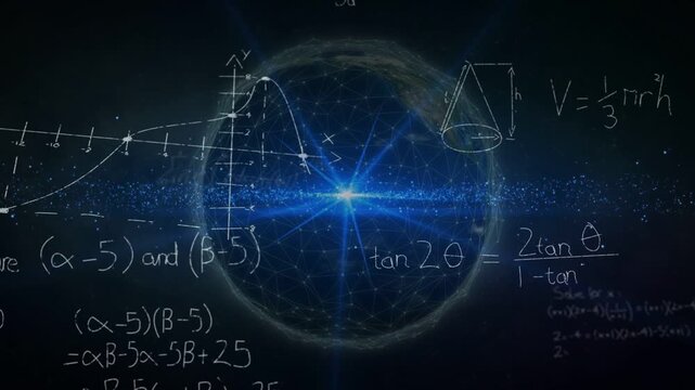Globe shifting while core starburst emitting flare, chalk equations drawing, visualizing math