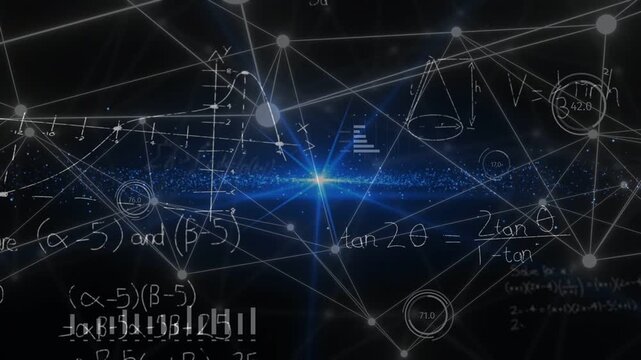 Central blue band intensifying, pulsing and forming mesh while nodes charts math visualizing data