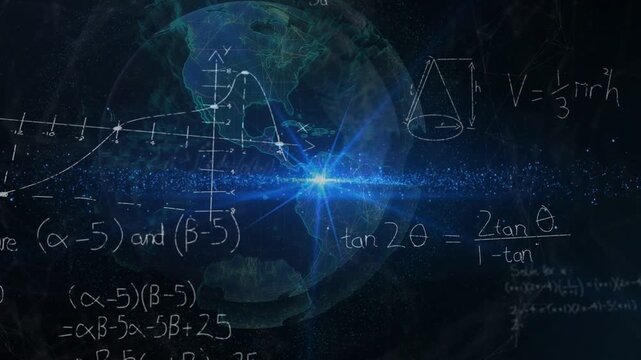 Starburst pulsing, clear globe spinning, chalk drawing graphs and equations to show math concepts