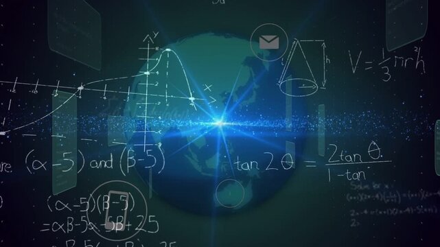 Starburst intensifying, globe rotating, panels sliding, icons fading, math drawing for STEM