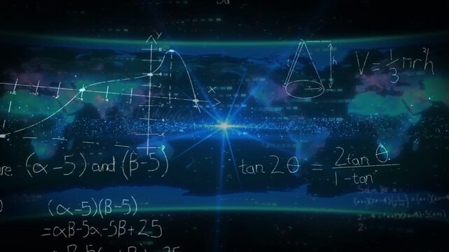 Blue star brightening and emitting beams while math graphs appearing to show algebra over world map