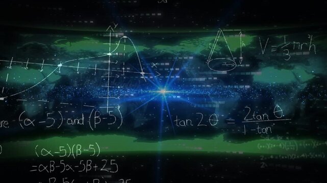 Blue flare pulsing causing math drawing sine plot forming cone rising showing math over green bands
