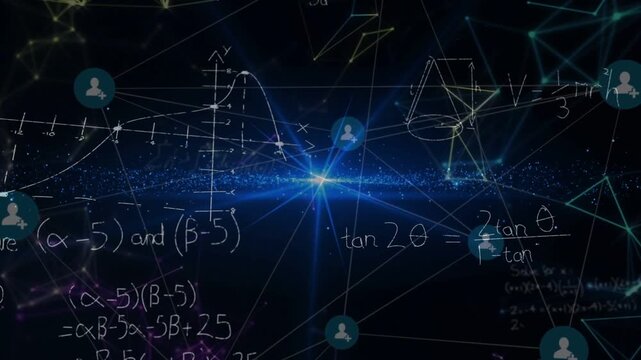 Lines fading in, central blue star anchoring, nodes appearing, math notes growing, showing network